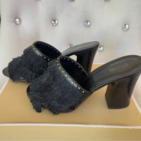 Michael Kors Black Tassel Fringe Mule Heels - Picture 2 of 6